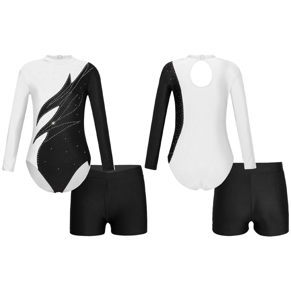 Kids Girls Stylish Clothing Set for Skating Training Wear Outfits Long Sleeve Contrast Color Leotards and Shorts
