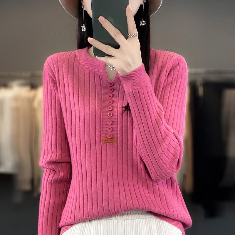 2023 Autumn Women's Slim Fit Long Sleeve Button Knit Pullover with Round Neck