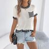 Women's Fashionable Round Neck Casual Contrasting Striped Pocket Short Sleeved Knitted Top