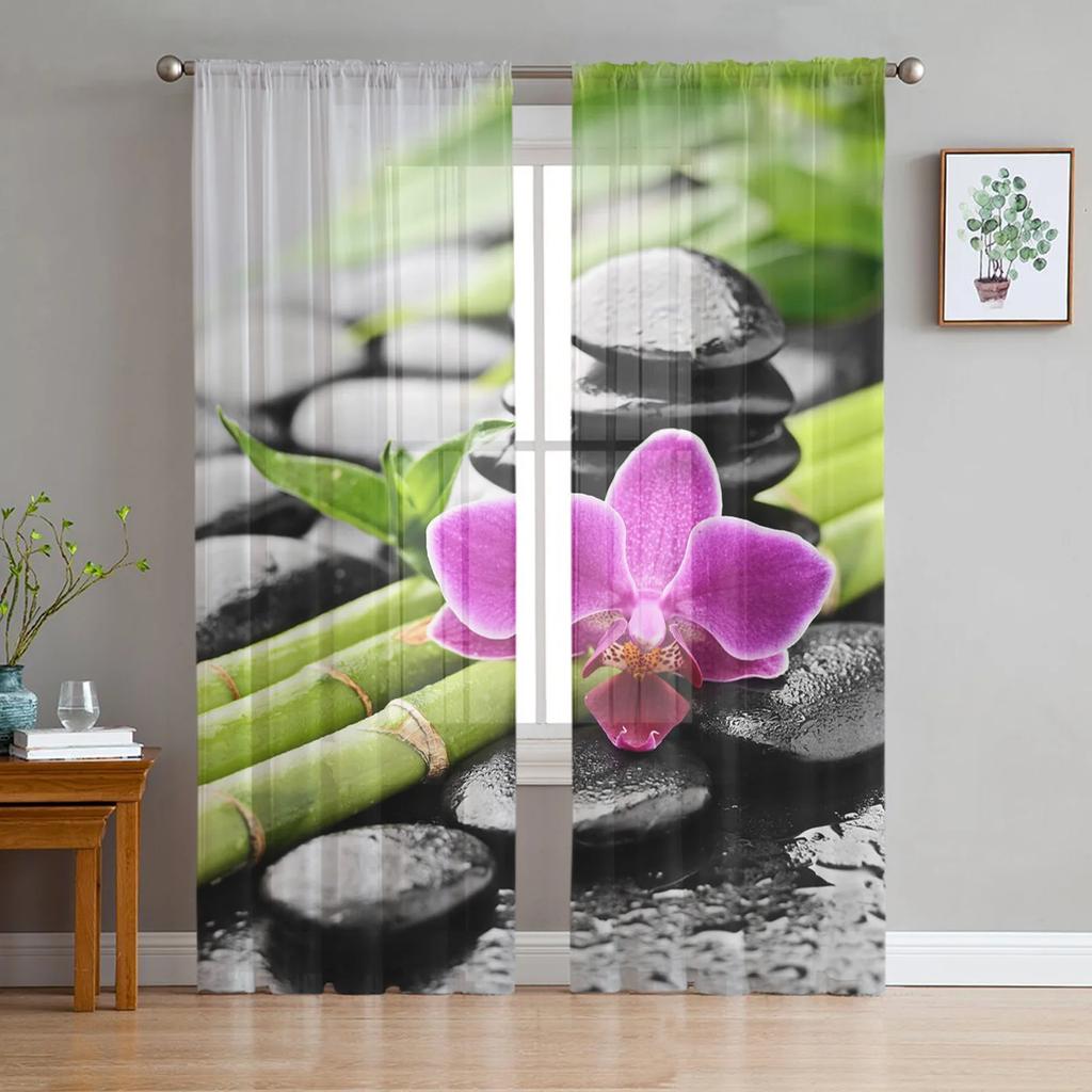 Orchid Black Stone Blush Pink Floral Pure White Soft Tulle Transparent Drapes Perfect for Living Room Decoration Window Panel Curtain for Bedroom