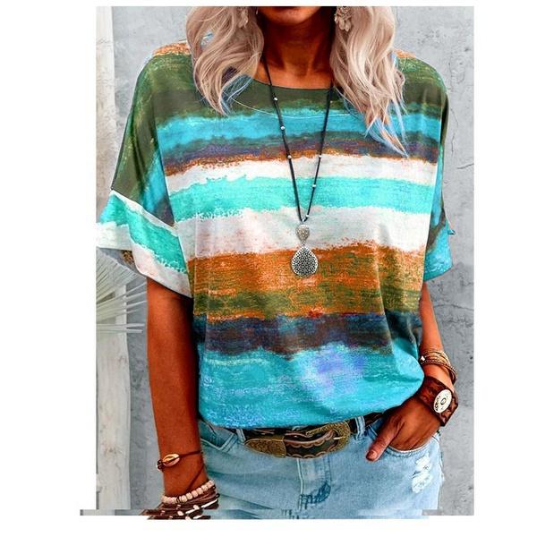 S-5XL Summer Tops Plus Size Fashion Women's Casual Short Sleeve Tee Shirts Block Color Loose Tops Ladies O-neck Tops Striped Printed Cotton T-shirts