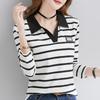 Spring Autumn Polo-neck Striped Printing Patchwork T-shirt Women Long Sleeve Vintage All-match Pullover Tee Top