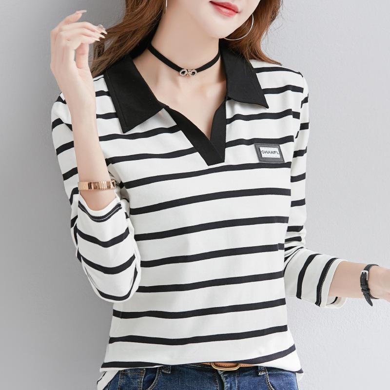 Spring Autumn Polo-neck Striped Printing Patchwork T-shirt Women Long Sleeve Vintage All-match Pullover Tee Top