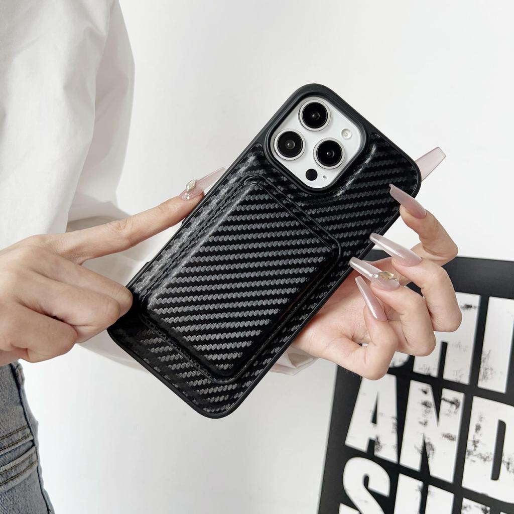 Apple 17 Kohlefaser Magnetische Leder Kartenhalter Brieftasche Hülle für iPhone 13 - Trendiges Kreuzmuster Schutzhülle