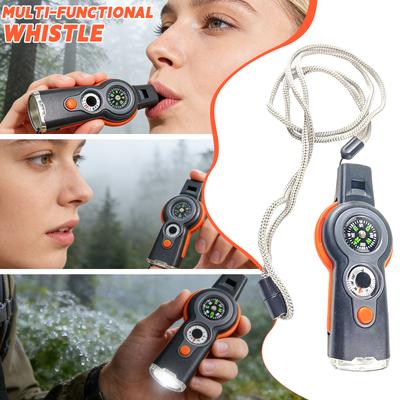 Multifunktionspfeife mit Kompass und LED-Taschenlampe, Tragbares Sicherheitswerkzeug mit Lanyard für Camping, Wandern & Notfallausrüstungen, Alles-in-Einem