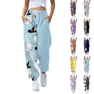 Damen-Freizeithose mit Halloween-Print, Kordelzug, elastische Taille, Kordelzughose