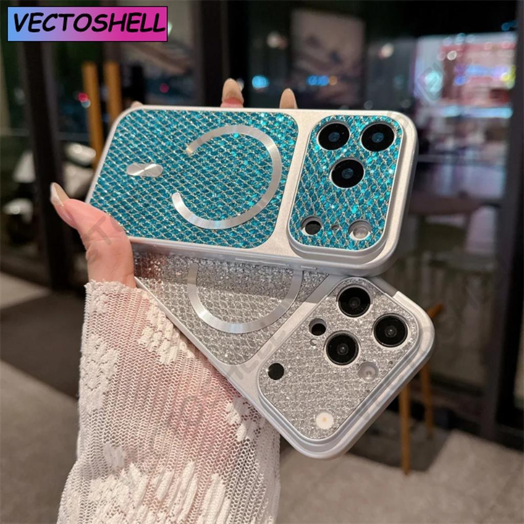 Luxury Glitter Diamond Texture Magnetic Case for iPhone 17 16 15 14 Plus 13 12 11 Pro Max for Magsafe Camera Protection Cover
