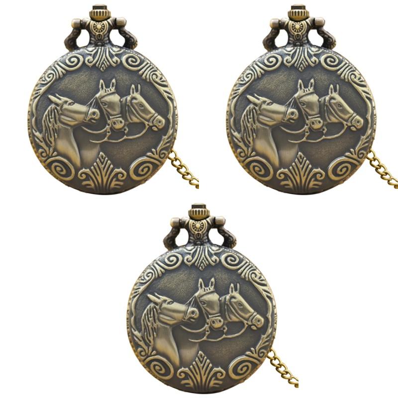 Steampunk Vintage Bronze Quartz Pocket Watch Animal Horse Carved Necklace Pendant Clock Chain Men Women Chain Gift