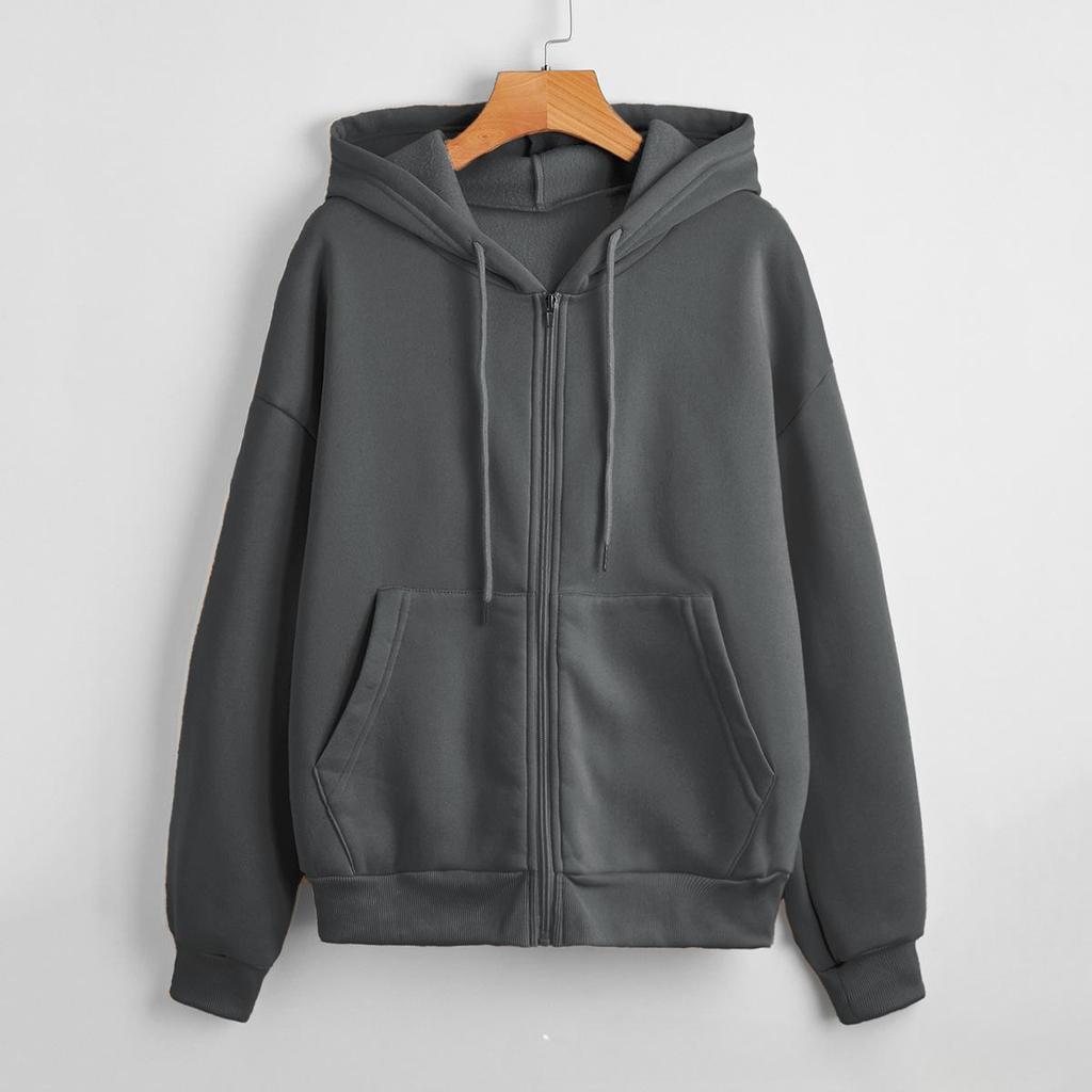 Suéter de Otoño para Mujer con Felpa Plus Suéter con Capucha para Mujer Color Sólido Cremallera Chaqueta Holgada Estilo Casual Top