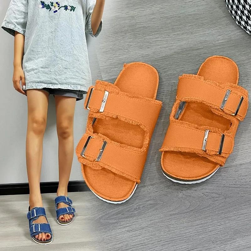 Shoes for Women 2024 Hot Sale Buckle Women's Slippers Summer Open Toe Solid Outdoor Flat Casual Comfortable Large Size Slippers