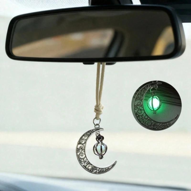 Vehicle Interior Pendant with Silver Tone Finish, Attached Cord, and Glowing Moon Pendant for Car Mirror Area