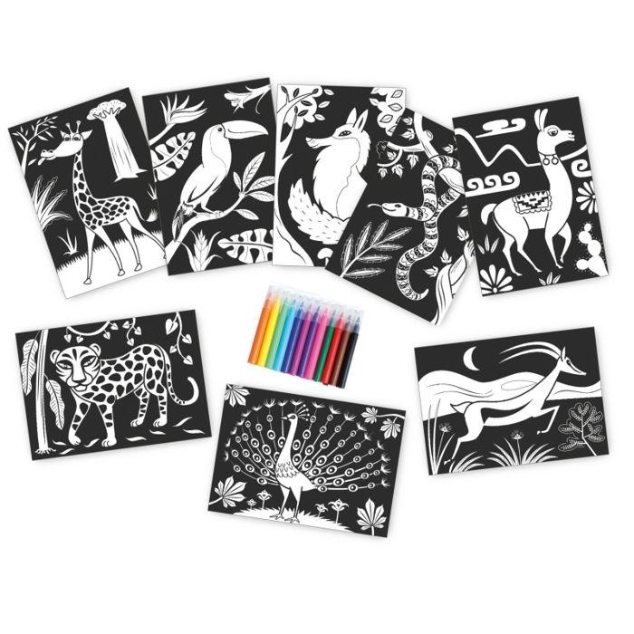 Jeu de coloriage - Animaux - Multicolore - 8 cartes velours - 12 crayons feutres - Enfant mixte