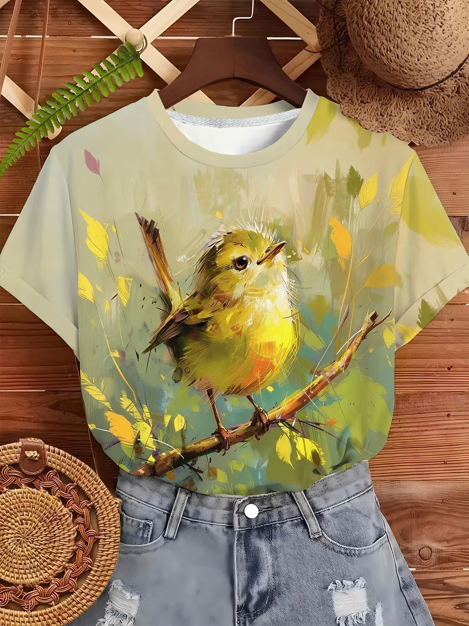 

Women Round Neck Short Sleeve T-Shirt - Small Yellow Sparrow ; Branch Print Blouse Suitable for Daily Streetwear. Commuting. Casual Outfits. Mach 3XL