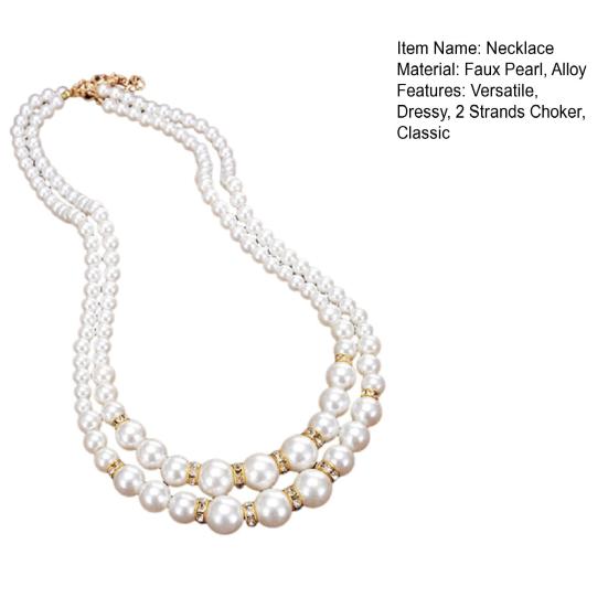 White Faux Pearl Necklace Ladies 2 Strands Beads Choker Elegant Layered Necklace Jewelry for Dating Weddings Parties