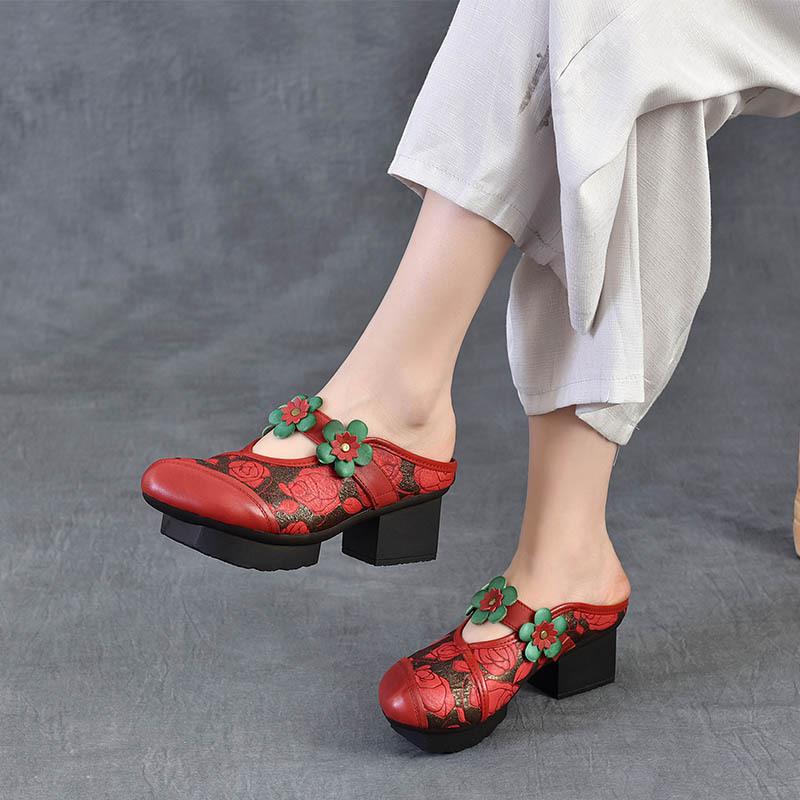 5.5cm Cow Genuine Leather Women Summer Sandals Shoes Hollow Slip On Rubber Chunky Heels Elthnic Appliques Slipper Loafer Pumps