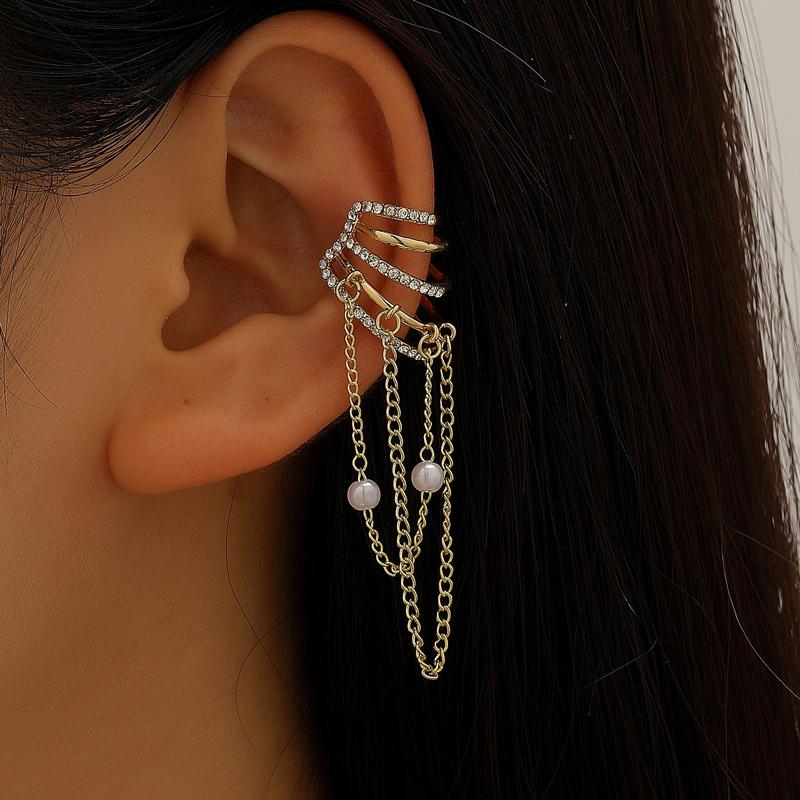 

Imitation Pearl Chain Tassel Ear Clip Earrings for Women Elegant Drip Oil Claw Inlaid Zircon Fake Earrings Non Piercing Zircon