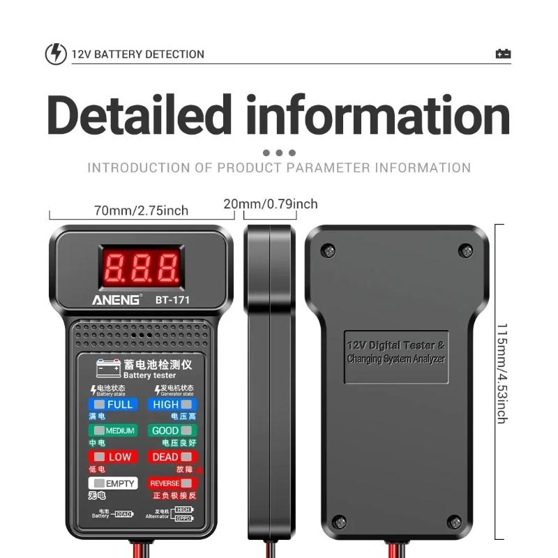 New ANENG BT-171 12V Car Battery Alternator Tester Lightweight Test Clips Multi-Color LED Indicator Vehicle Repair Diagnostic Tools & Digital Display