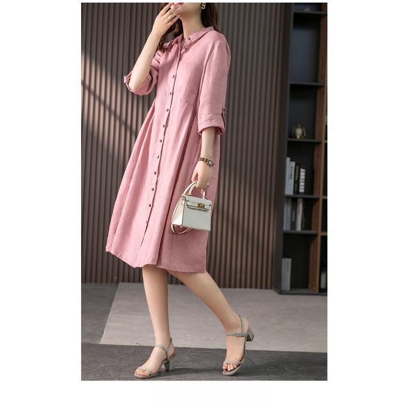 Elegant Linen Shirtdress Design for A Slim Solid Color Dress for Spring and Fall