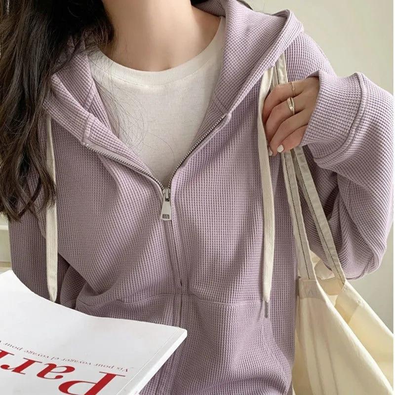New Korean Version of Spring and Autumn Waffle Sweatshirt Loose and Thin Casual Hooded Jacket Design Top for Women