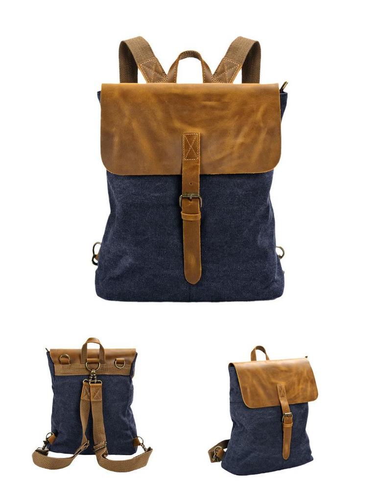 Vintage Grey Cotton Canvas Shoulder Bag - Women's Casual Spliced Bookbag Backpack