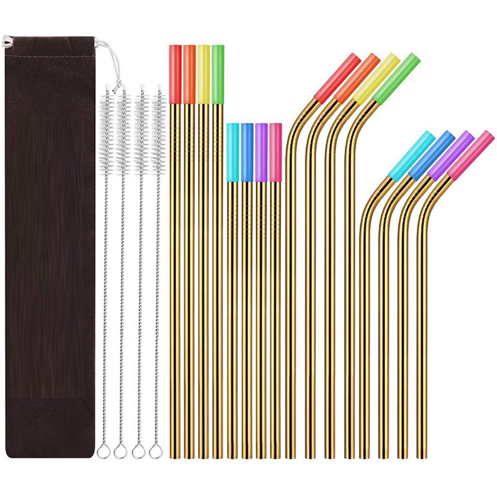 21 Piece Stainless Steel Straw Set with Silicone Tips and Cleaning Brushes Reusable Metal Straws for Cold and Hot Beverages Includes Carrying Pouch