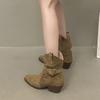 Vintage Suede V-mouth Western Cowboy Boots Women's High Heel Pointed Middle Boots Belt Buckle Stacking Boots