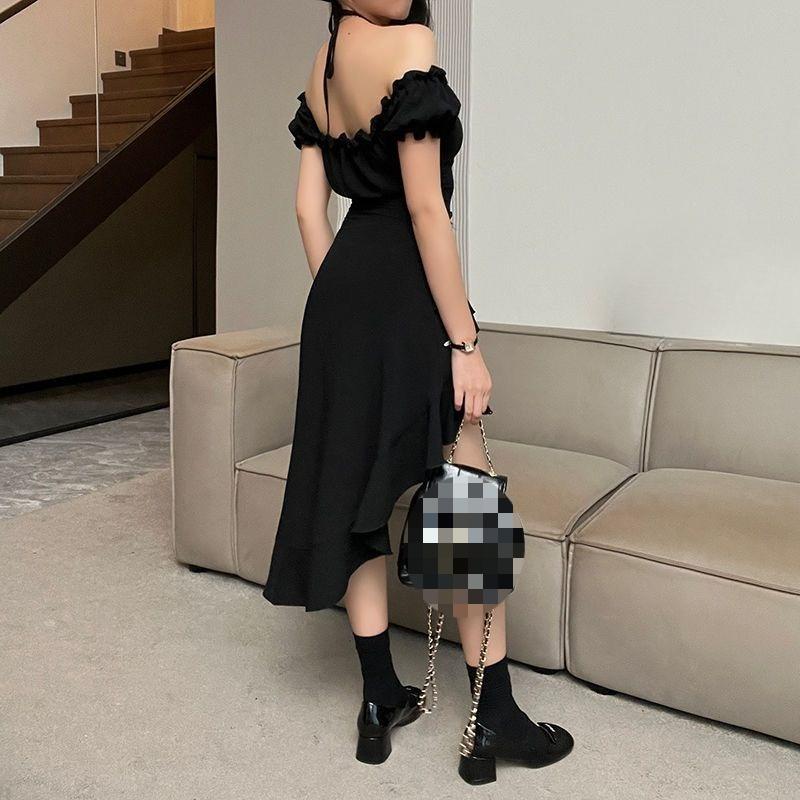 New Chinese Style Summer Bubble Sleeves Slimming Irregular Lace Up Dress