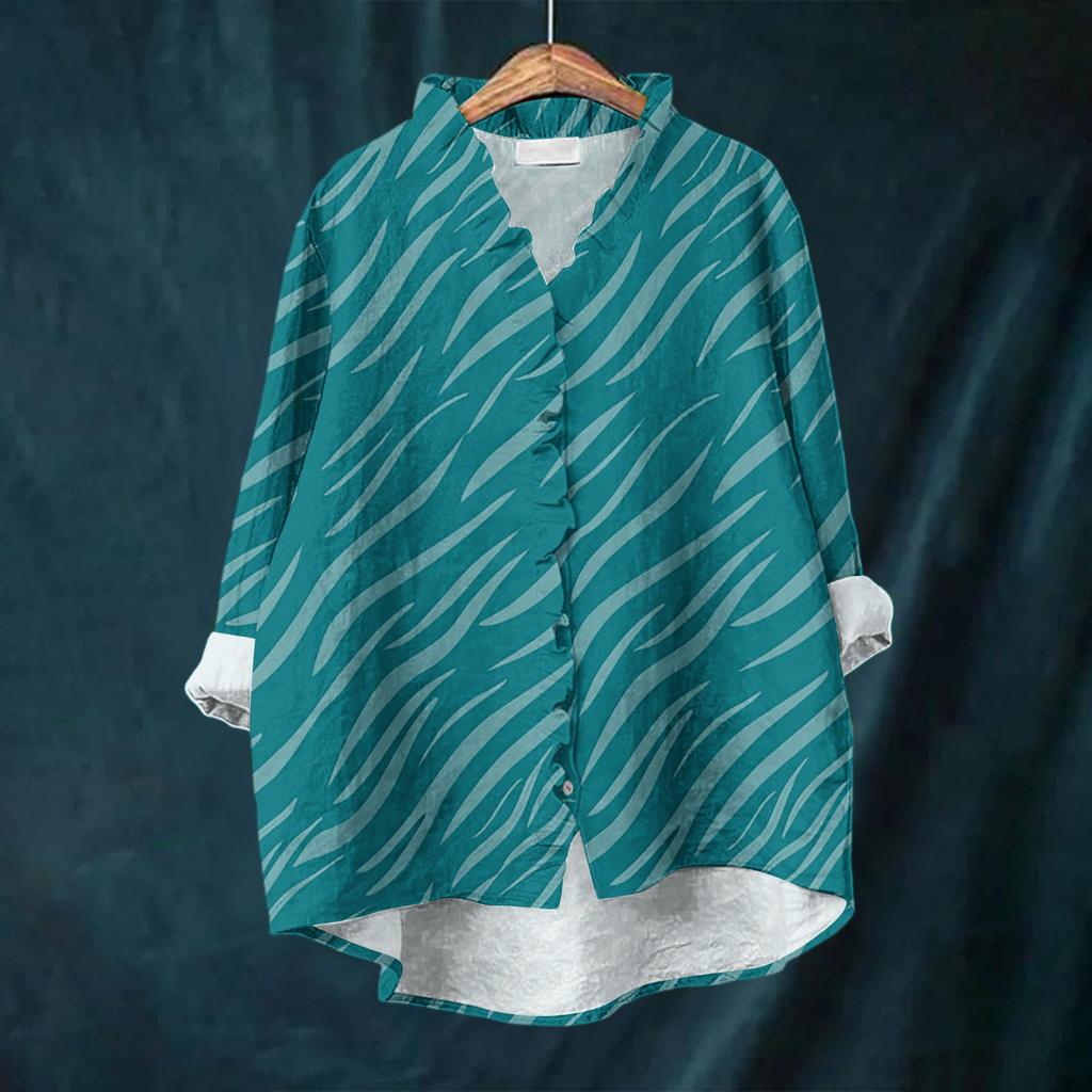 Women's Loose Ruffled Floral Print Stand Collar Long Sleeve Cotton And Linen Top