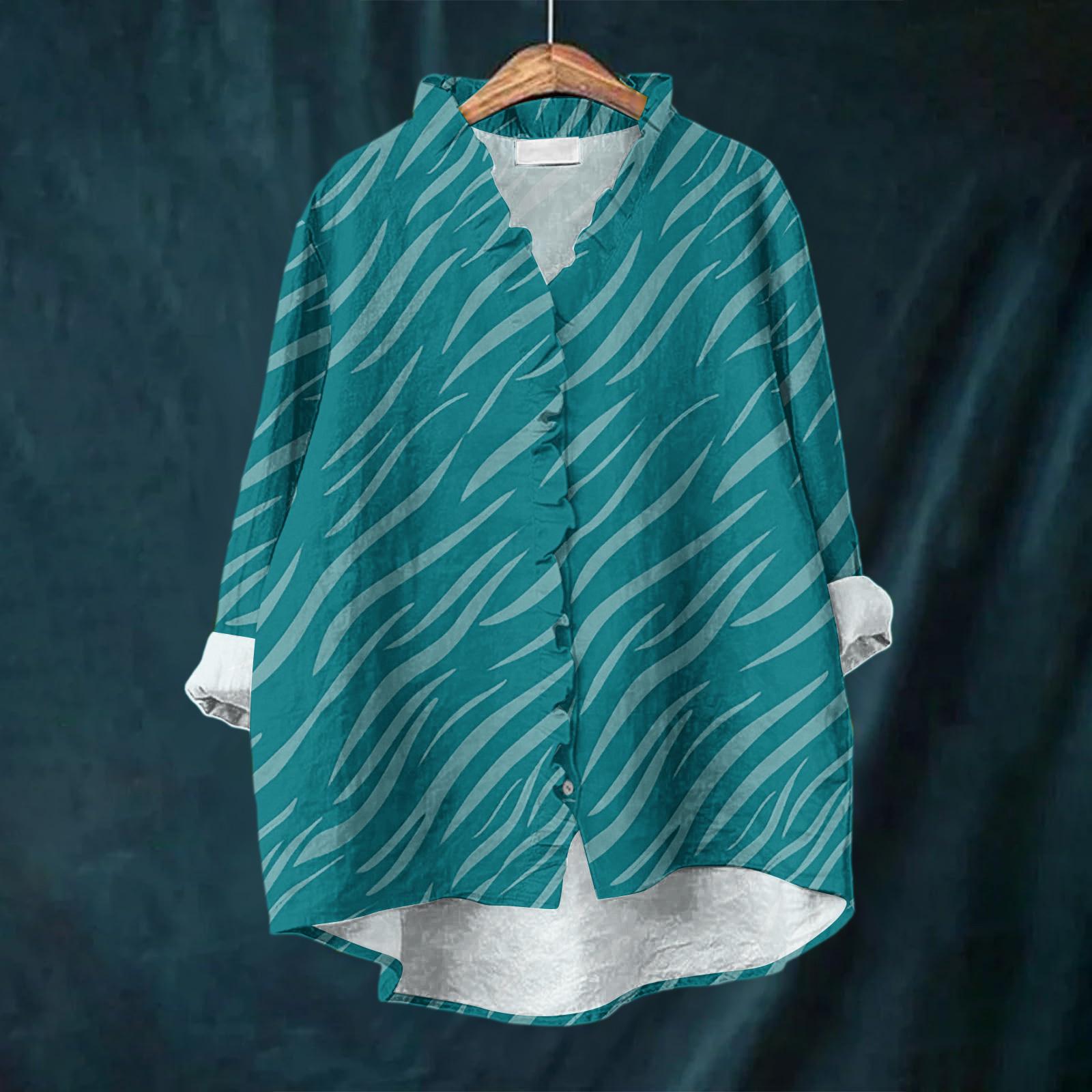 

Женский свободный топ с оборками, цветочным принтом, воротником-стойкой и длинными рукавами из хлопка и льна L циан