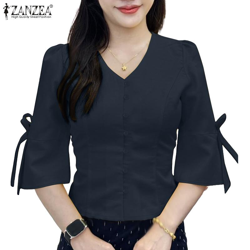 ZANZEA Blusa Holgada Casual de Verano con Cuello en V y Manga Acampanada 3/4 para Mujer