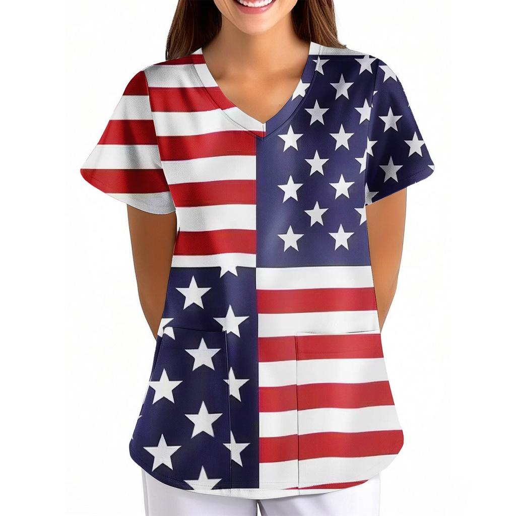 Women's Independence Day Printed Loose V-Neck Pocket Short Sleeve Uniform Uniform