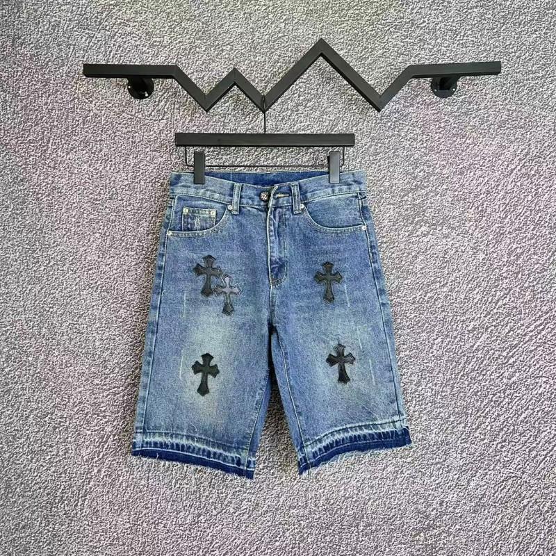 Streetwear Cross Patch Denim Shorts Men Relaxed Fit Ripped Vintage Wash Mid Length