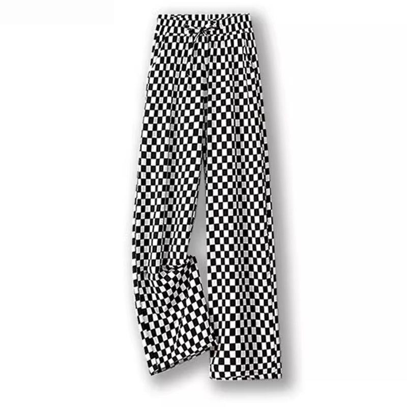 Women's Summer 2024 Ice Silk Checkered Wide-Leg Pants - Black/White Straight Leg