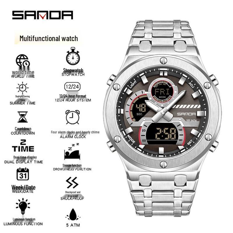Sanda Trendy Multifunctional Waterproof Student Wristwatch with World Time Display