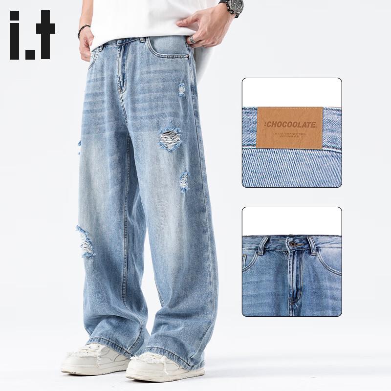 

CHOCOOLATEit Мужские светло-голубые джинсы с потертостями свободного прямого кроя 40