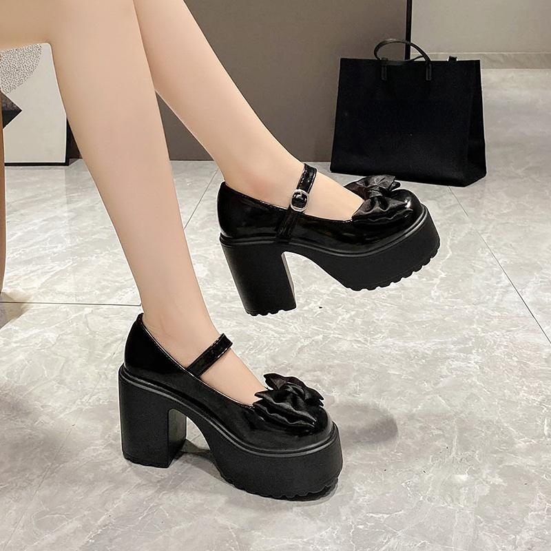 Fashion White Platform High Heels Women Mary Jane Chunky Heel Shoes Bows Elegant Woman Heeled Pumps Round Toe Shoes Women's Wedding Shoe