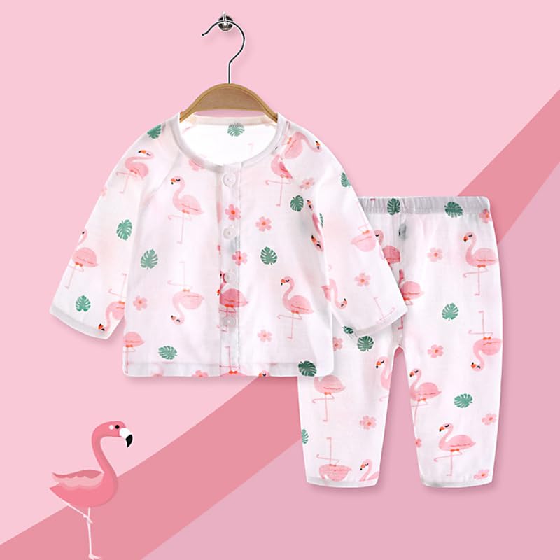 Jaydyequ Baby Pajamas Thin Cotton Long Flamingo 80cm Set, Spring/Summer/Autumn, Gauze, Front-Opening, Sleeves, Girls' Loungewear, Print,