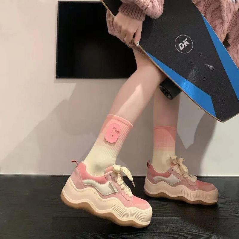 

New four-season women s shoes, Internet celebrity shoes, Korean version of platform-soled fashion lace-up shoes, student casual breathable sports 35 розовый