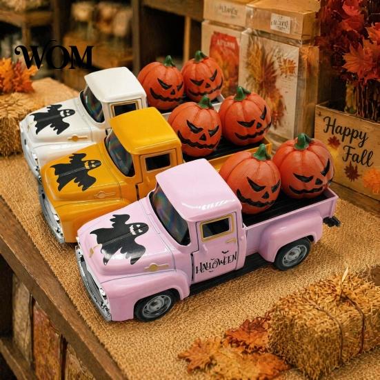 Retro Auto Desktop Dekoration Halloween Pick-up Truck Legierung Figur, Hält Kürbis Vintage Statue, Metall Ornament Miniatur Fahrzeug für Feiertage