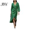 Deep V-Neck Dress Summer Women Dress, Ruffle Slim Waist Midi Long Casual Dresses Sleeves Solid Color Wrap for Daily Wear Party