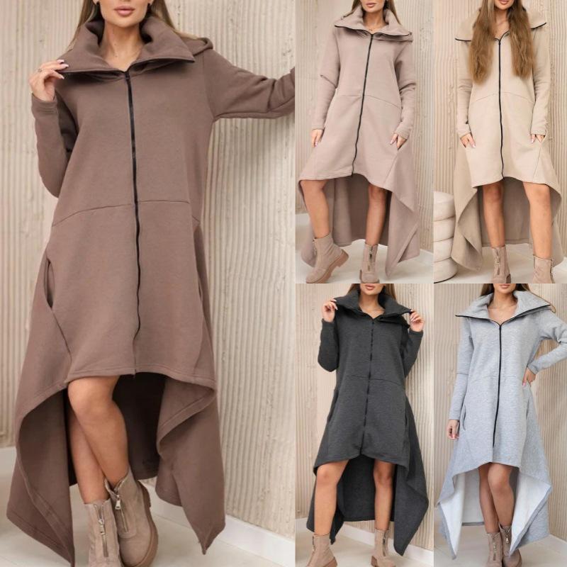 European-American 2025 Autumn/Winter Women's Hooded Zipper Sweatshirt Dress - Solid Color, Loose Fit, Versatile Fashion.
