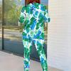 Women Plus Size Round Neck Long Sleeve Green Blue Printed Fitted Pants Two Piece Set
