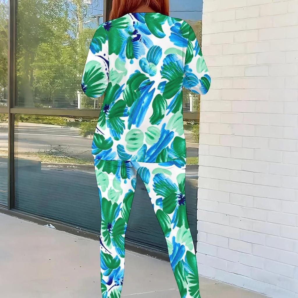 Women Plus Size Round Neck Long Sleeve Green Blue Printed Fitted Pants Two Piece Set