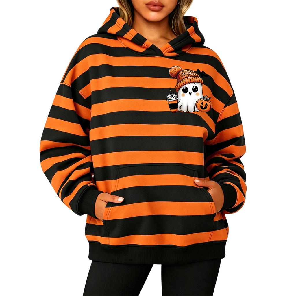 Women's Long Sleeve Striped Print Pullover Hoodie Sweatshirt with Pockets for Halloween