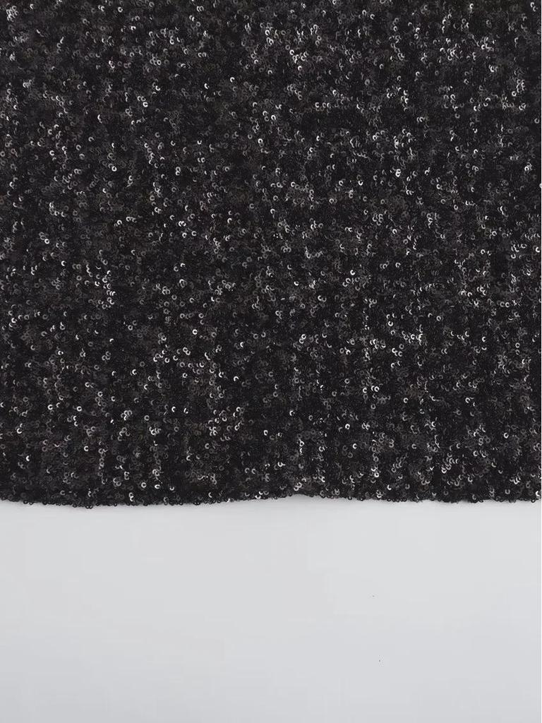 2024 Damen Schwarzes Pailletten-Mini-Abendkleid mit ärmellosem Design, Schulterpolstern und Gürtel