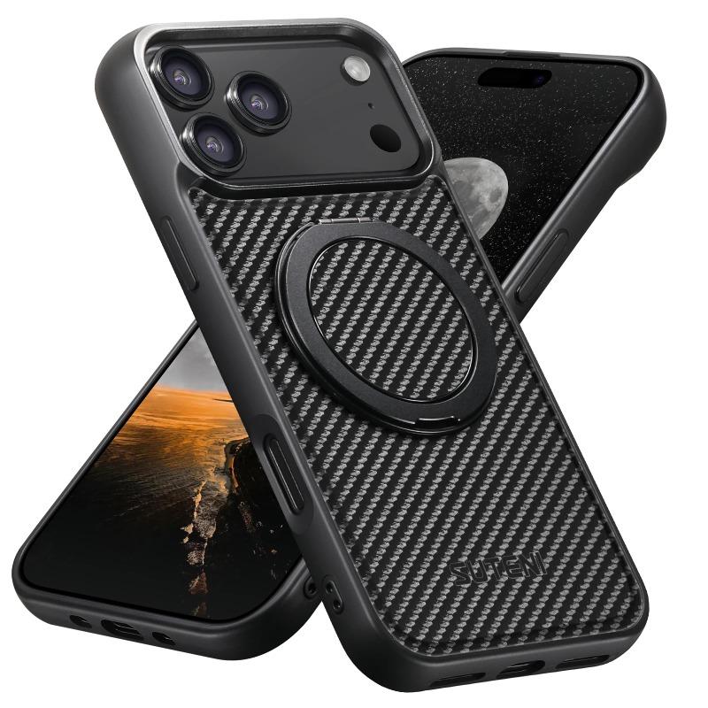 360 Rotating Bracket Carbon Fiber Leather Case For iPhone 17 Air 17Pro Max 16 Plus 15 14 Pro Magnet Wireless Charging Cover