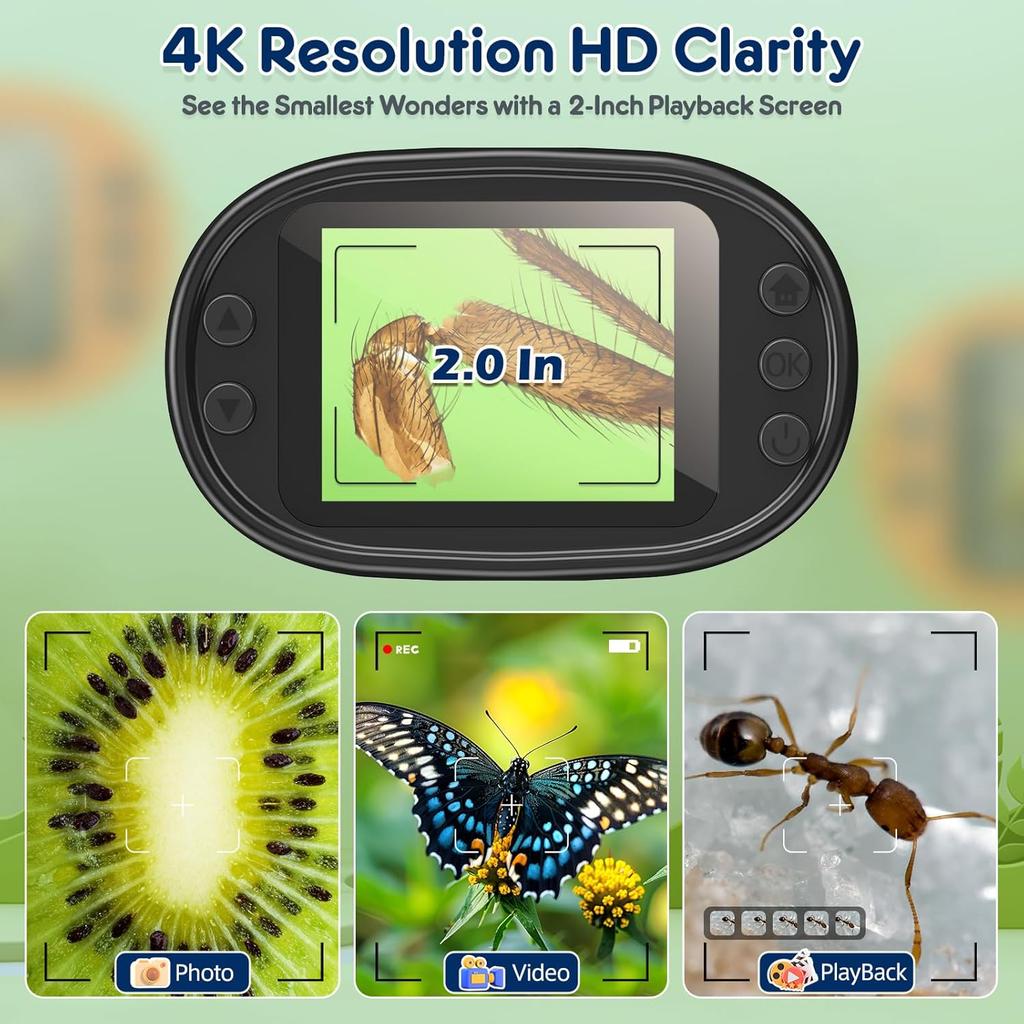 1000X Handheld Microscope for Kids 4K 2.0" Screen Rechargeable Mini Pocket Digital Microscopes w/Slides Kit Portable Edu Gift Age 4-6 8-12 Children