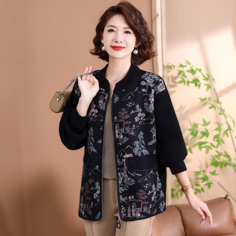 

Новая одежда для женщин среднего и пожилого возраста с одеждой с принтом, куртка большого размера, осенне-зимняя вязаная куртка для матери среднего возраста 3XL чёрный