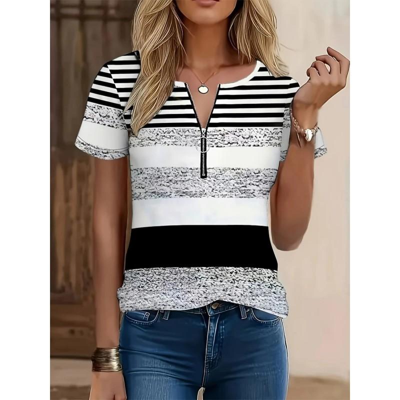 Casual Printed Zipper Front Tee Women - Relaxed Fit Short Sleeve Round Neck Top In Multiple Colors