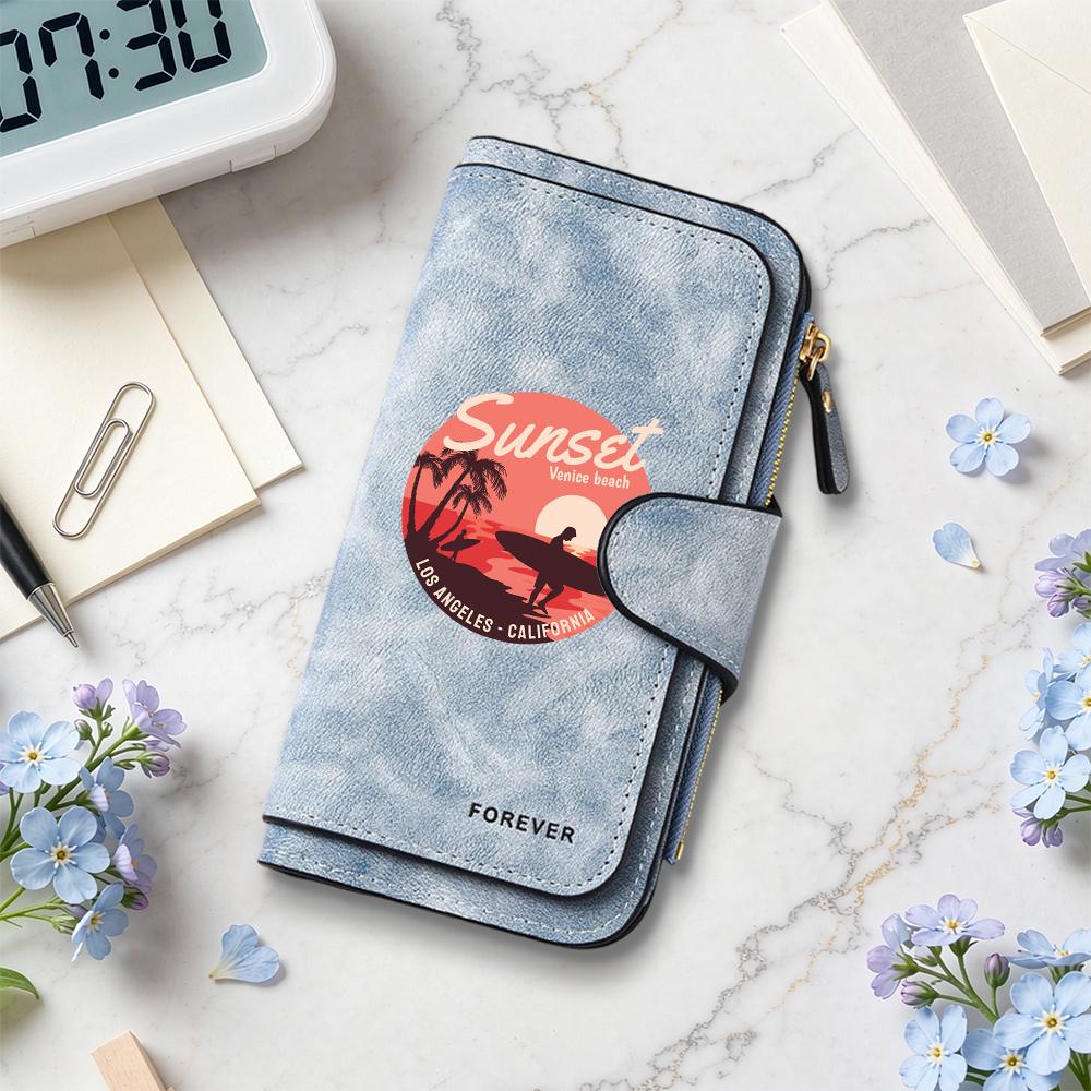Vintage Style Sunset Pattern Long Wallet Multi Pocket Portable Daily Use Purse
